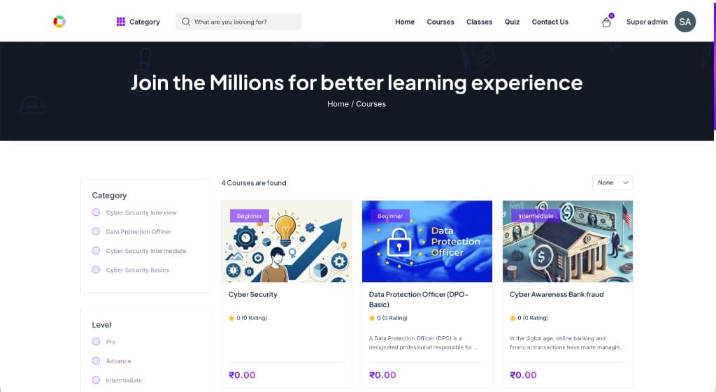 CyberCharcha LMS platform dashboard